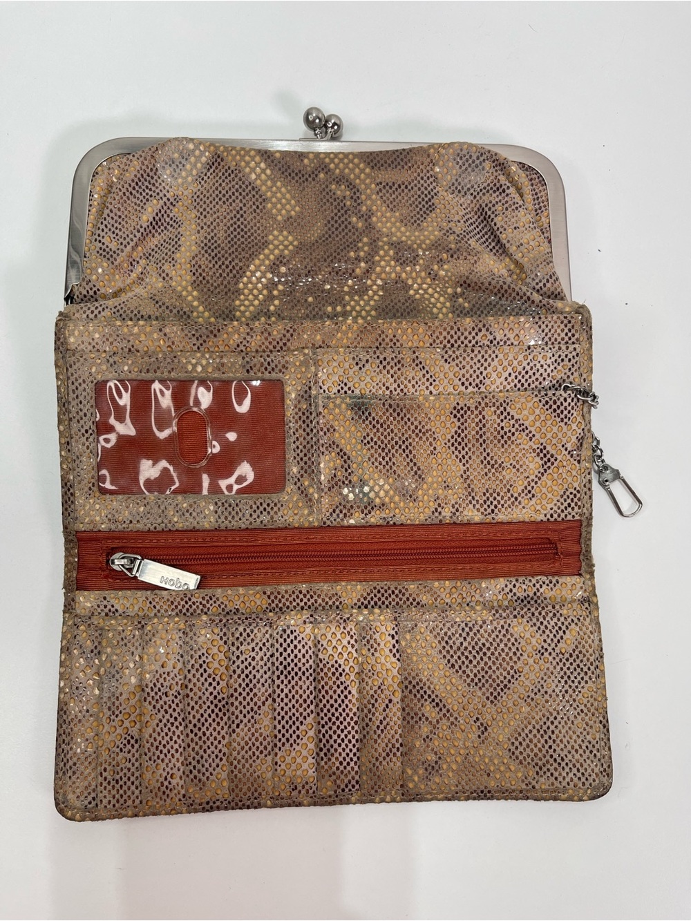 Hobo Clutch Wallet Snake Print Leather Trifold Organizer Kiss Lock Pocket Boho